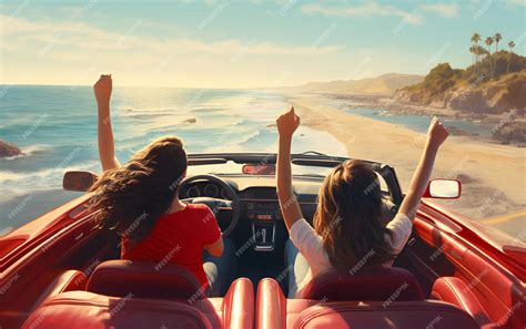 Premium Ai Image Two Girls In A Car With Their Hands Up Driving At Summer