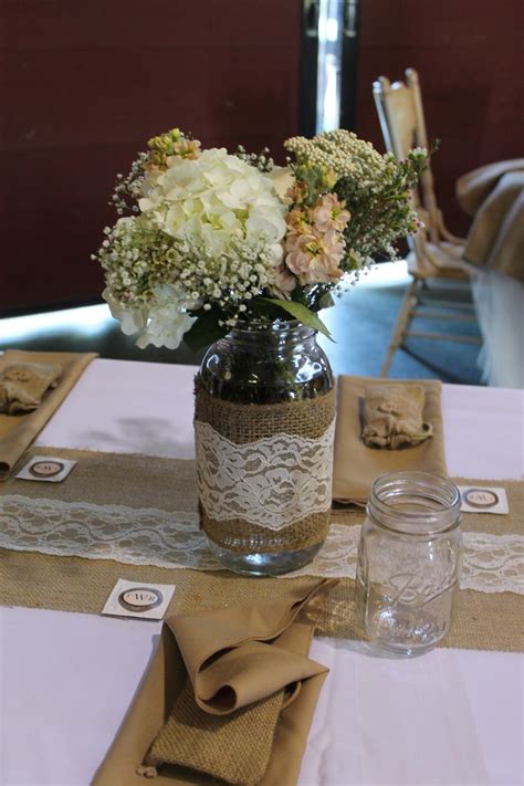 Burlap And Lace Wrapped Mason Jars Flowers In Jars Burlap Flowers