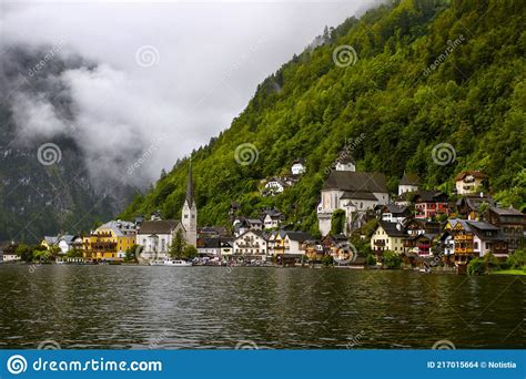 Hallstatt Austria View To Hallstattersee Lake And Alps Mountains