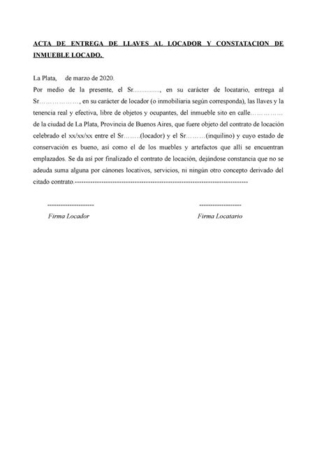 Acta De Entrega De Llaves Modelo Acta De Entrega De Llaves Al Locador