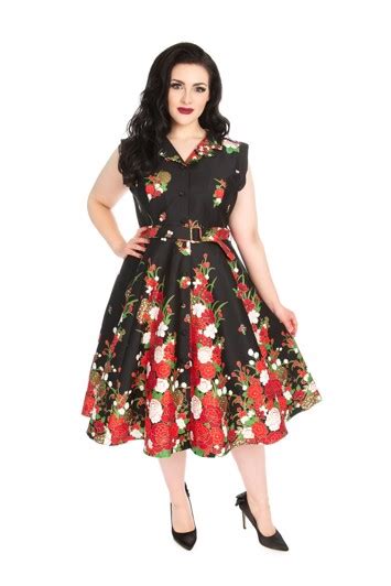 50ér kjole anne sød sort kjole med rødt blomsterflora og et hint af guld