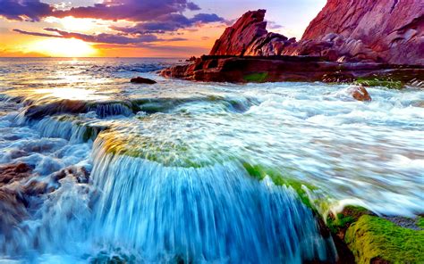 Download Cloud Sunset Coast Nature Waterfall Ocean Hd Wallpaper