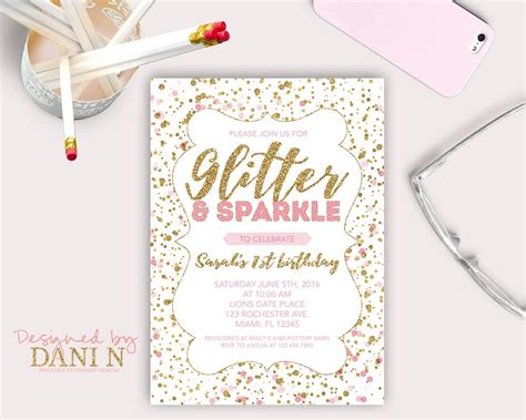 Glitter And Sparkle Birthday Party Invitation Pink Polka Dots
