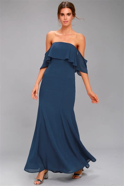 Navy Blue Dress Off The Shoulder Dress Maxi Dress Gown Lulus
