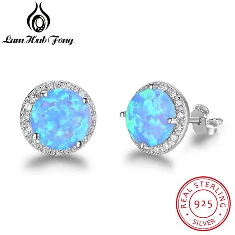 Elegant Round Blue Fire Opal Stud Earrings Real Sterling Silver