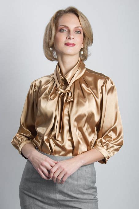 Gold Satin Blouse With Bow Mature Blouse Sexy Pussy Bow Blouse Blouse And Skirt Satin Top