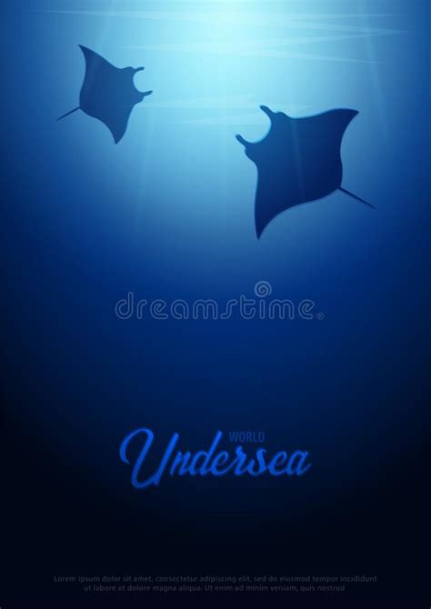 Underwater Background With Sun Rays And Silhouette Of Stingray Or Manta