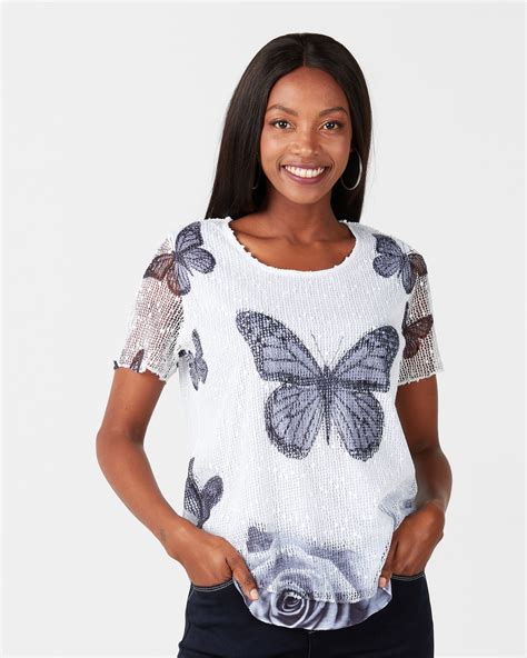 Queenspark Butterfly Mesh Short Sleeve Knit Top White Zando
