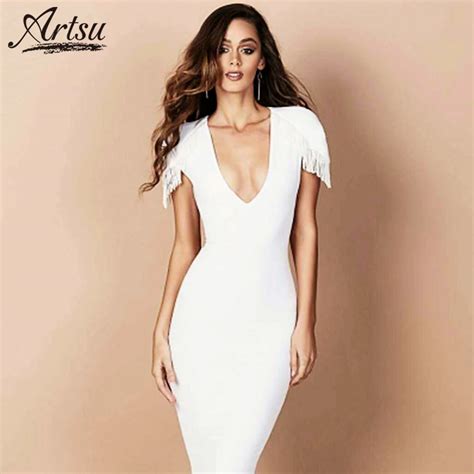 Artsu White Elegant Low Cut V Neck Dress Celebrity Party Bandage Vestidos 2018 Summer Tassel