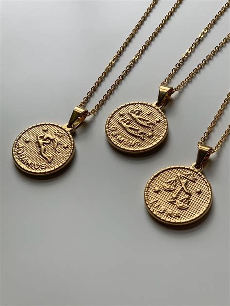 Gold Coin Zodiac Sign Necklace Personalized Necklace Etsy