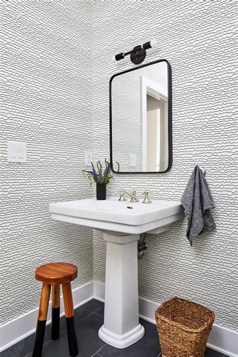 Modern Powder Room Features Black And White Wallpaper A