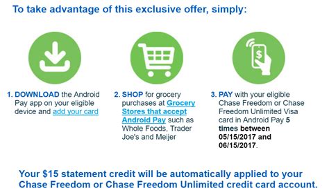 Check spelling or type a new query. Chase Freedom Cards Android Pay Promotion: Earn $15 Statement Credit For 5 Transactions