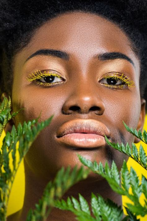 african american girl with green fern on yellow stock image image of woman makeup 177236929