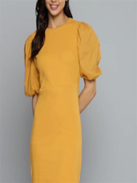 Buy Mast And Harbour Mustard Yellow Puff Sleeve Bodycon Dress Dresses For Women 17729212 Myntra