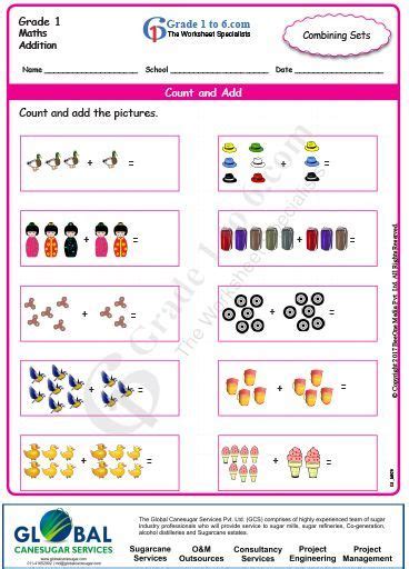 The initial focus is on numbers and counting followed by arithmetic and concepts related to fractions, time, money, measurement and geometry. #free #math worksheet #Grade1 addition combining sets ...