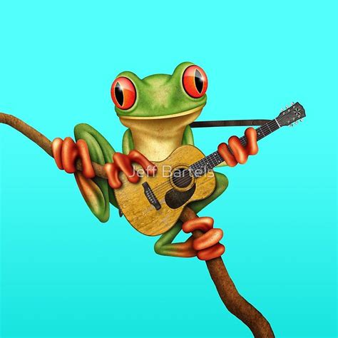 Cute Green Tree Frog Playing The Acoustic Guitar By Jeff Bartels Tree