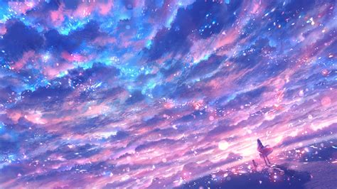 Anime Girl Blue Pink Starry Sky Nature Background Hd Anime Wallpapers