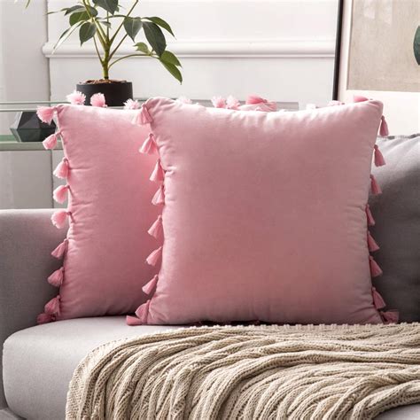 Miulee Bright Pink Throw Pillow Cover With Tassels Fringe Velvet Soft