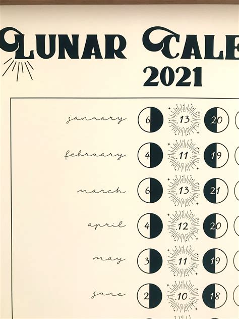 2021 Lunar Calendar Moon Phase Chart Etsy
