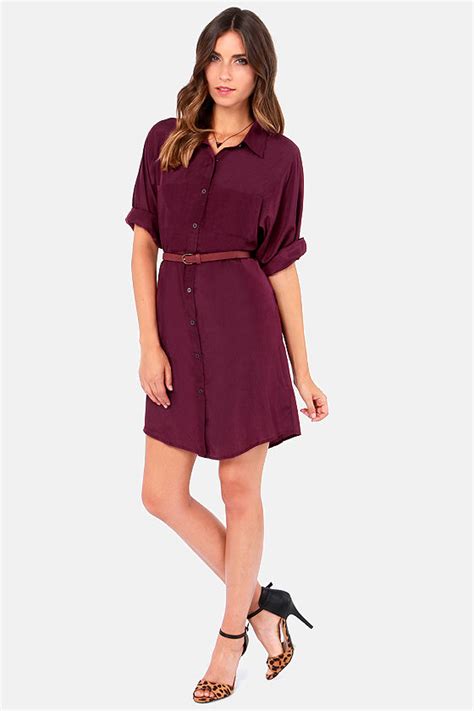 Cute Burgundy Dress Shirt Dress Belted Dress 4000 Lulus