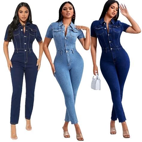 Women Casual Bodysuit High Waist Jeans Sexy Denim Jumpsuit Women Jeans Short Sleeve Bodysuits