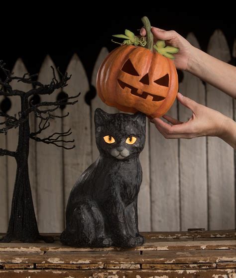 Black Cat Jack Olantern With Pumpkin Head Paper Mache Bethany Lowe