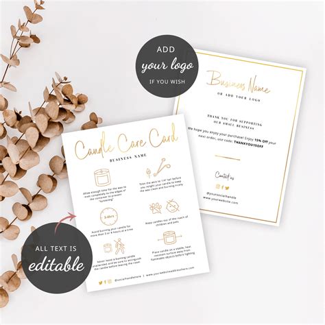 Candle care instructions for candle tools and more with printable candle care cards and candle care tips candle care 101: Candle Care Card Template - Faux Gold - Editable & Printable Care Guide