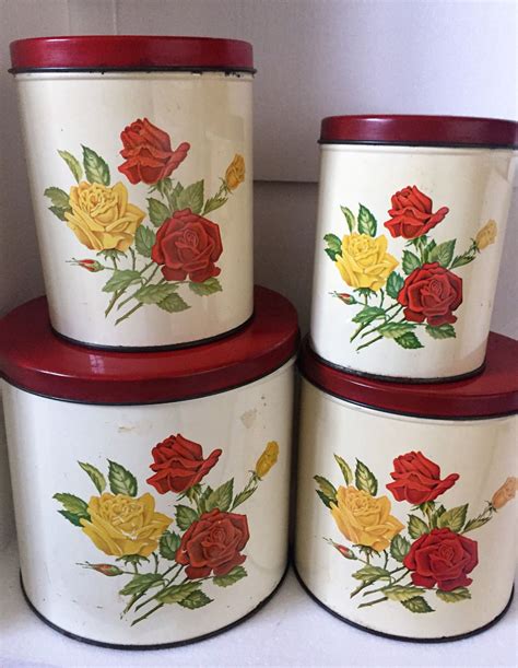 Vintage Canisters Farmhouse Red Rose Floral Tin Canister Set Etsy