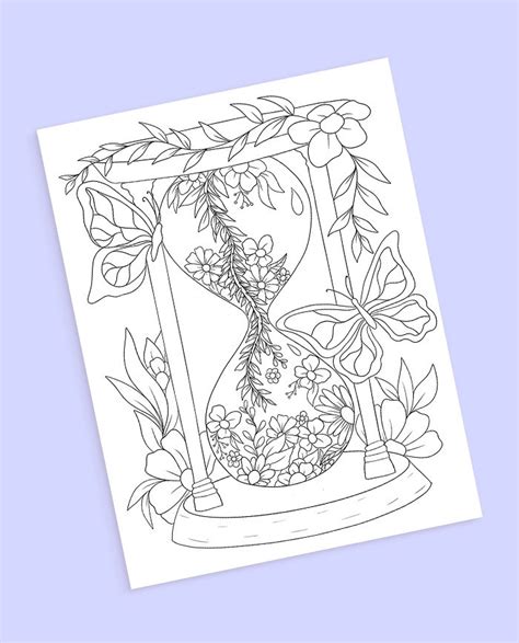 Free Coloring Page Hour Glass Butterflies Floral Diy Instant Download