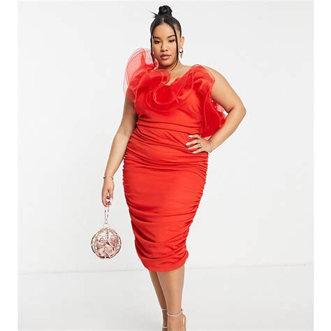 Asos Luxe Curve Wired Ruffle One Shoulder Ruched Midi Dress In Red