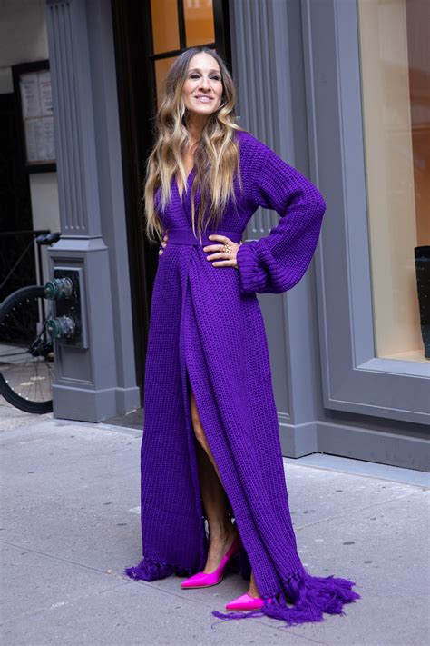 sarah jessica parker s purple hanifa sweater dress is our fall obsession