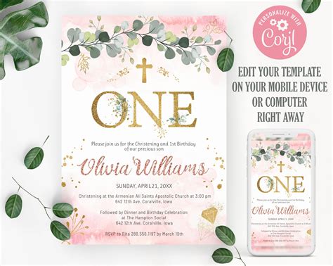 Girl Christening And First Birthday Invitation Baptism And Etsy España