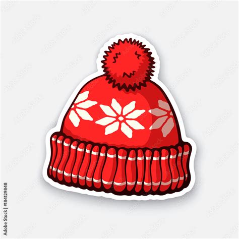 Vector Illustration Red Winter Hat With Pompon And Snowflake Pattern