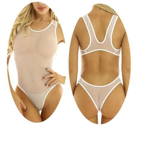 womens mesh backless cutout sheer see through high cut leotard bodysuit swimwear ebay
