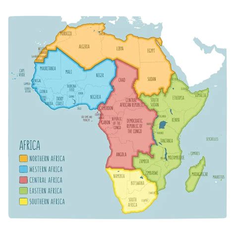 Colorful Hand Drawn Political Map Of Africa With Five Regions