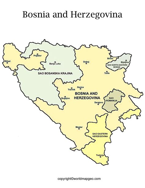 Labeled Bosnia And Herzegovina Map States Capital Cities