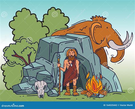 Ancient Cartoon Caveman Standing Near His Cave Vector Illustration