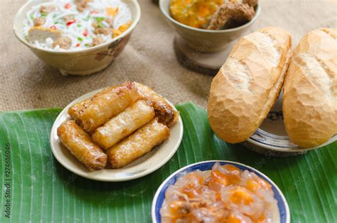 Vietnamese Food Background With Spring Roll Banh Mi Banh Canh