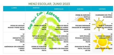 MenÚ Escolar MenÚ De Junio De 2023 Ceip JosÉ Luis Albendea Y GÓmez