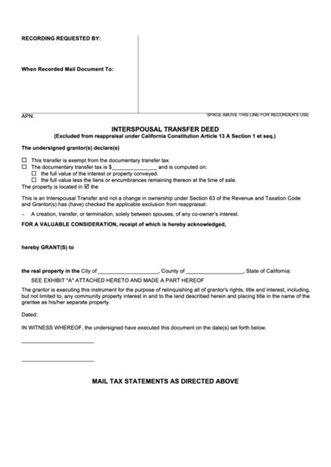 Fillable Interspousal Transfer Deed Form California