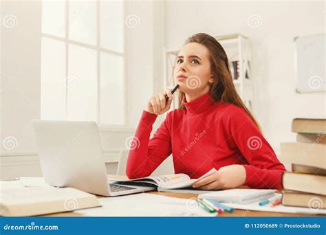 Student Girl Studying At Table Full Of Books Stock Image Image Of
