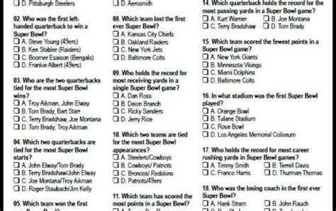 Multiple choice trivia questions are a solid base for any quiz. Free Printable Multiple Choice Super Bowl Trivia. Game ...