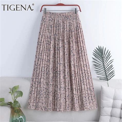 TIGENA Chiffon Long Pleated Skirt Women Fashion 2021 Summer Floral