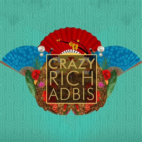 The Logo For Crazy Rich Adibs On A Blue Background With Red And Green Fans