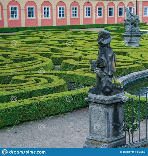 Statues Of French Garden Of The Dobris Chateau Maze Of Bushes