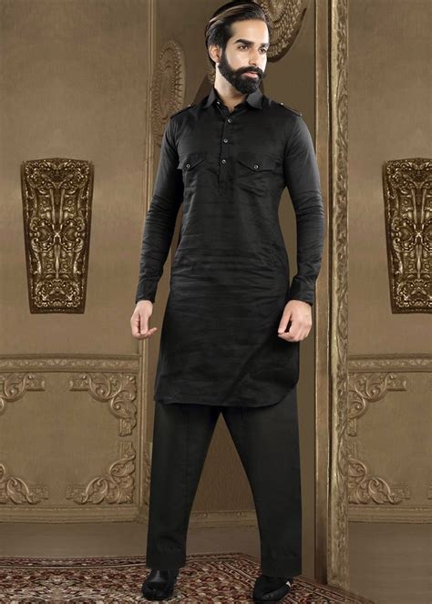 Readymade Black Linen Pathani Suit Set Kurta Pajama Men Punjabi