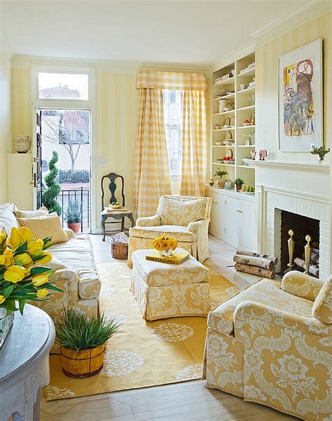 Gold accents, like the coffee table and frames on the walls, mimic the yellow tones of the sofa. 20 Yellow Living Room Ideas, Trendy Modern Inspirations