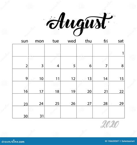 Agosto Calendario Mensual Para 2020 Ilustración Del Vector