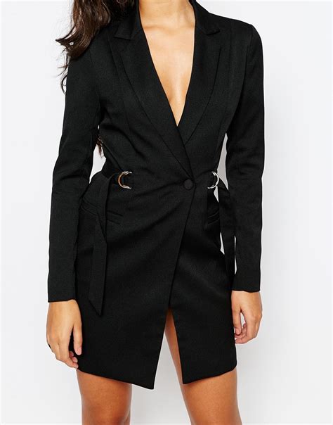 Missguided Synthetic Belted Plunge Neck Blazer Dress In Black Lyst