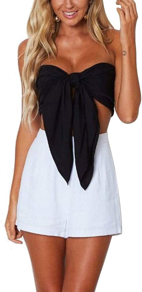 Womens Sexy Bandeau Knot Front Back Bow Tie Halter Strapless Bandage Crop Tops Black Free